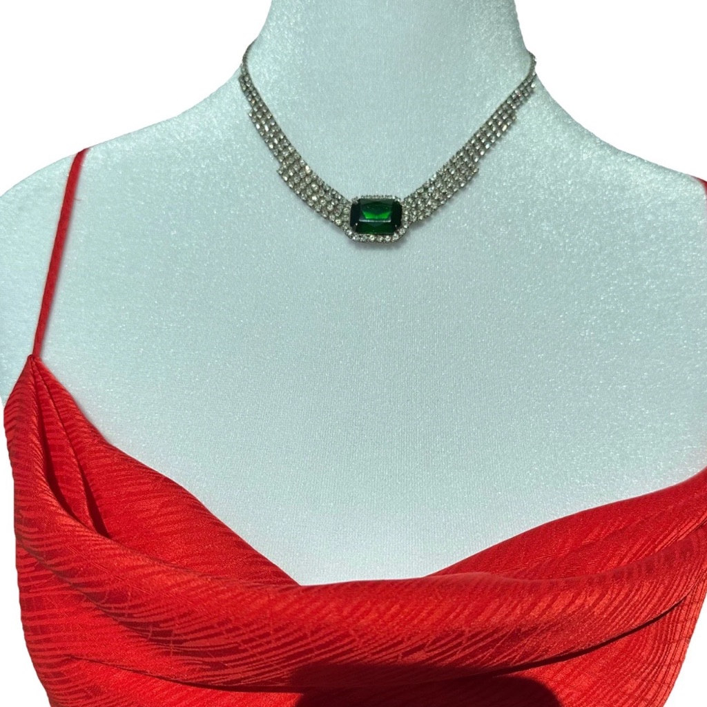 Vintage Rhinestone Necklace With Emerald Green Center Stone Triple Row Crystal